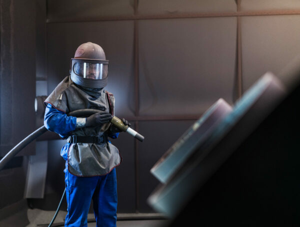 Fachkraft beim Sandstrahlen mit Schutzanzug und Strahlpistole.