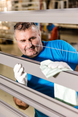 Mitarbeiter von Längle Oberflächen überprüft und reinigt ein beschichtetes Aluminiumprofil für höchste Qualitätsstandards.