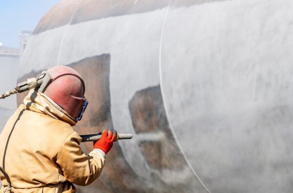 Restaurierung eines alten Metallsilos durch Sandstrahlen.