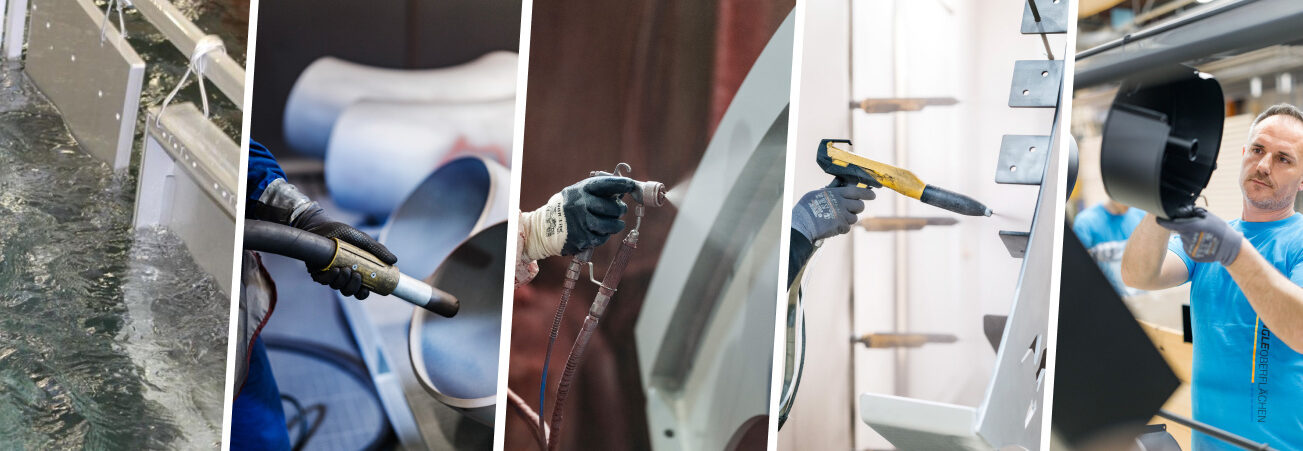 Collage von den Produktionsfahren Sandstrahlen, Pulverbeschichten, Eloxieren, Lackieren und Feuerverzinken