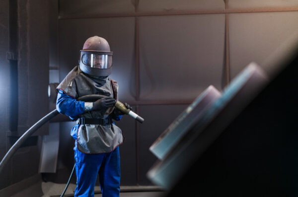Fachkraft beim Sandstrahlen mit Schutzanzug und Strahlpistole.