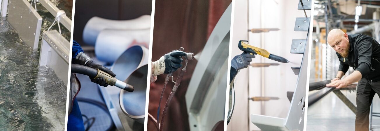 Collage von den Produktionsfahren Sandstrahlen, Pulverbeschichten, Eloxieren, Lackieren und Feuerverzinken zum Schutz von Oberflächen